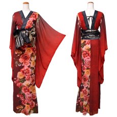 画像15: 再入荷！【高級ライン】【SMLサイズ/2カラー/2点セット】花柄 シフォン オフショル スリット 美胸 ロング 豪華 帯 花魁 着物 ドレス コスプレ イベント ハロウィン キャバドレス (15)