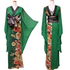 画像16: 再入荷！【高級ライン】【SMLサイズ/2カラー/2点セット】花柄 シフォン オフショル スリット 美胸 ロング 豪華 帯 花魁 着物 ドレス コスプレ イベント ハロウィン キャバドレス (16)